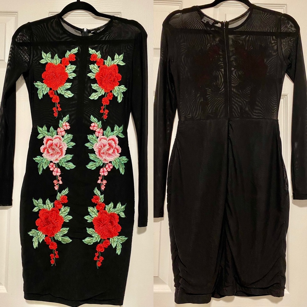 Black bodycon dress w/rose embroidery